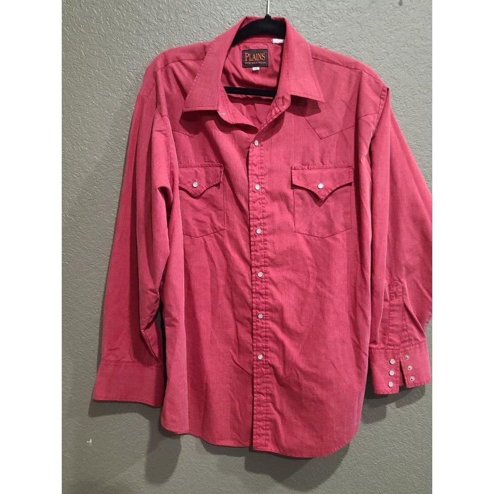 Plains Pearl Snap Shirt Mens Extra Large Red Western Wear Long Sleeve Pockets